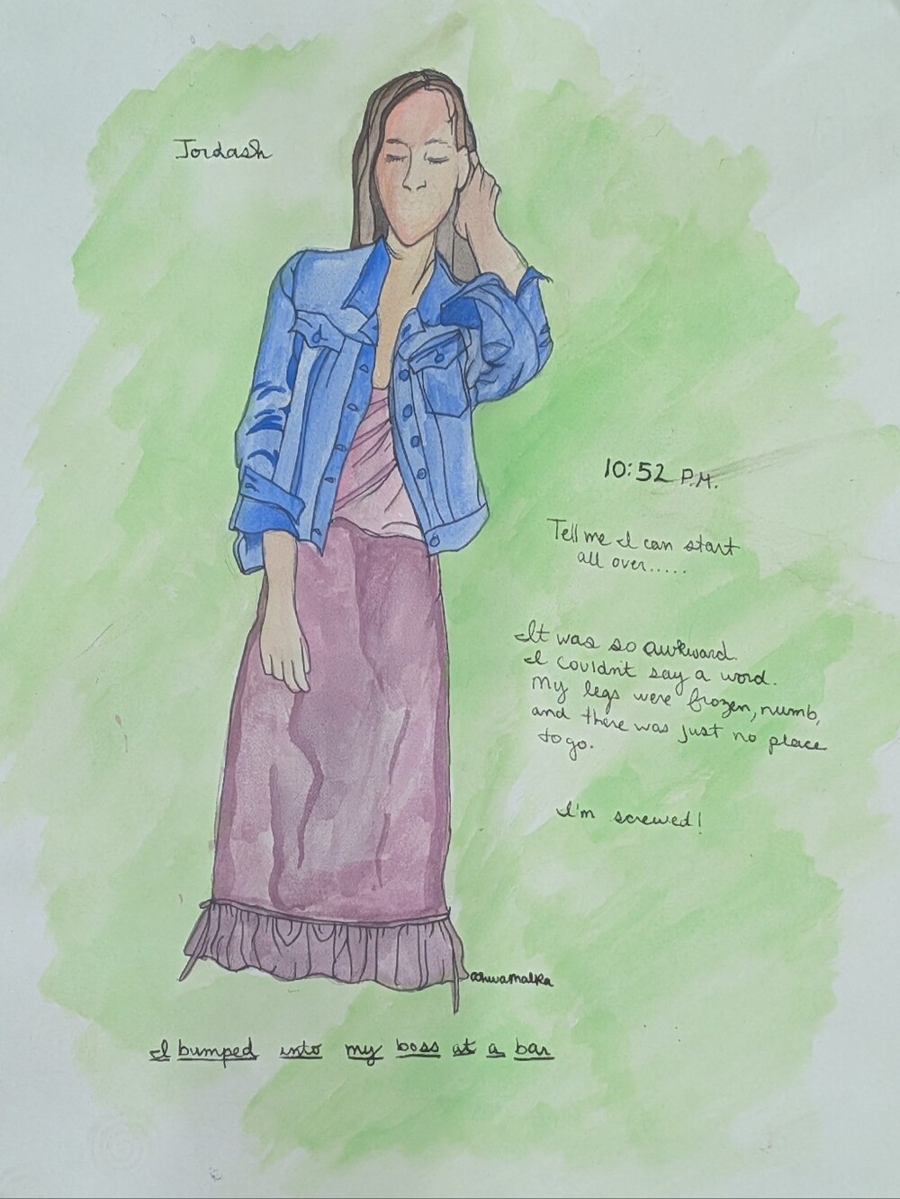 Hand-Drawn Fashion Illustration "I Bumped Into My Boss At A Bar"